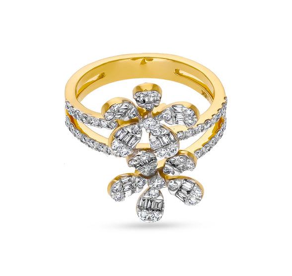 Dual Floral Baguette Cut with Round Diamond Yellow Gold Casual Ring