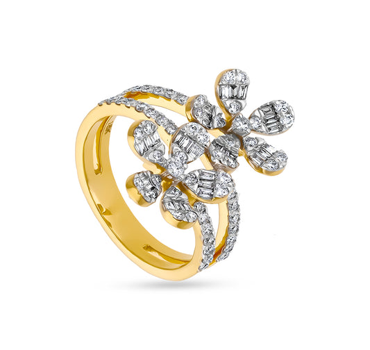 Dual Floral Baguette Cut with Round Diamond Yellow Gold Casual Ring