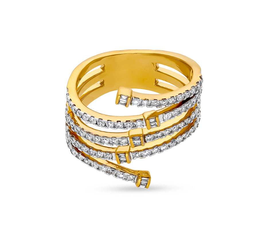 Multi Band Baguette with Round Natural Diamond Yellow Gold Casual Ring
