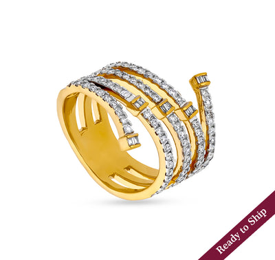 Multi Band Baguette with Round Natural Diamond Yellow Gold Casual Ring