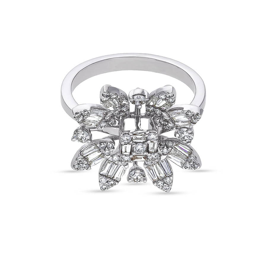 Floral Design Baguette Natural and Round Cut Diamond White Gold Casual RIng
