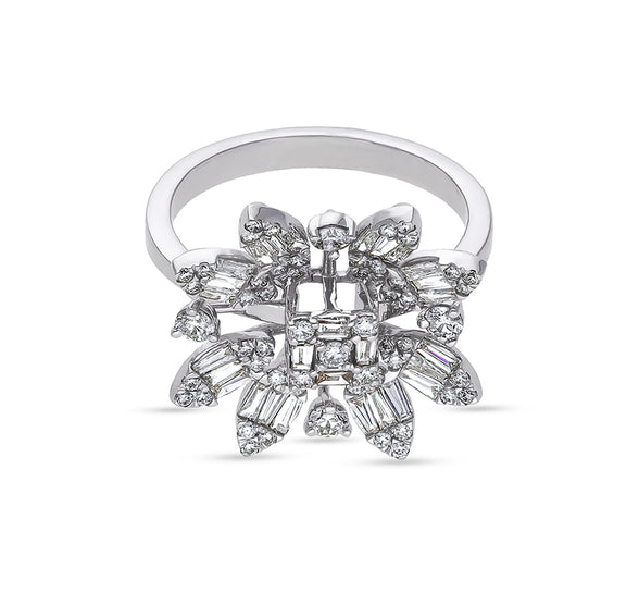 Floral Design Baguette Natural and Round Cut Diamond White Gold Casual RIng