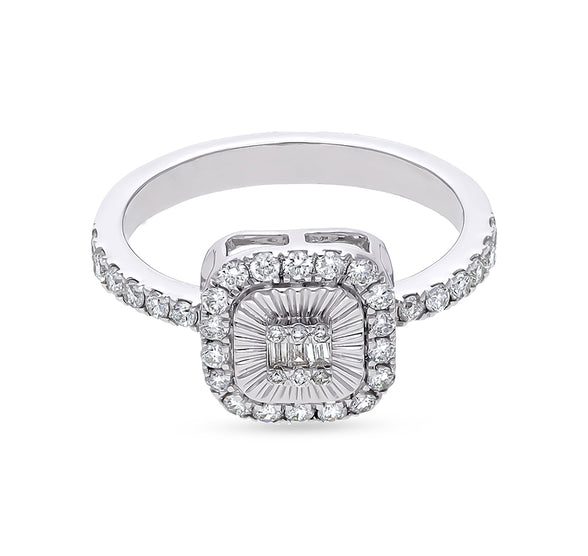 Cushion Shape Center Baguette Cut and Side Round Natural Diamond White Gold Casual Ring