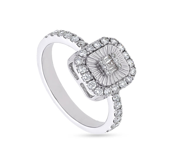 Cushion Shape Center Baguette Cut and Side Round Natural Diamond White Gold Casual Ring
