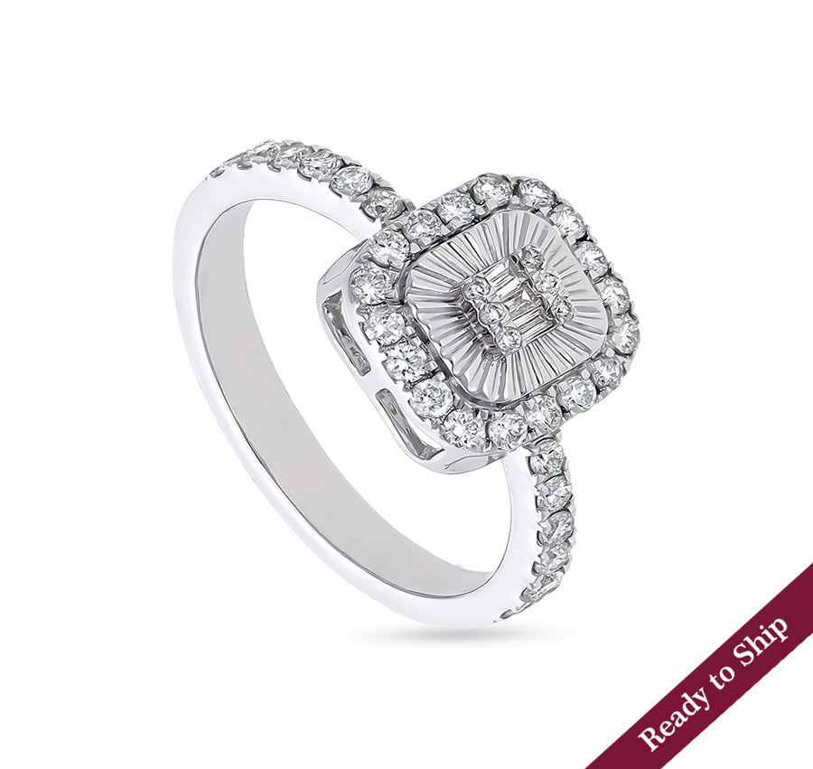 Cushion Shape Center Baguette Cut and Side Round Natural Diamond White Gold Casual Ring