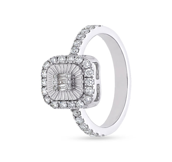 Cushion Shape Center Baguette Cut and Side Round Natural Diamond White Gold Casual Ring