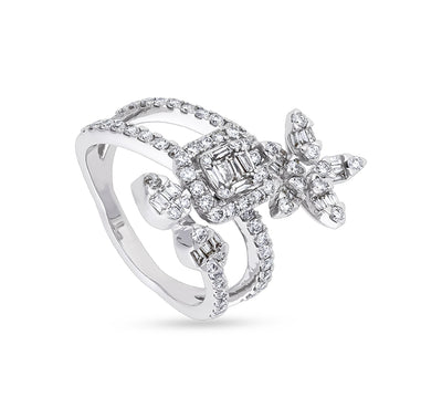 Round and Baguette Cut Diamond White Gold Cocktail Ring