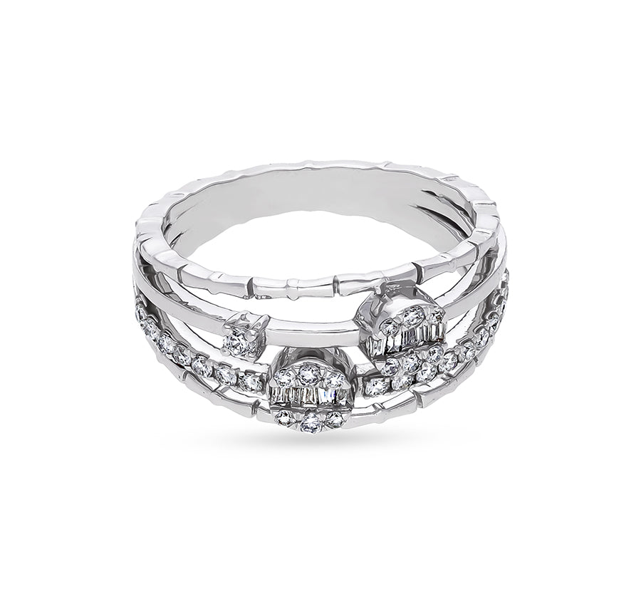 Multi Row Layered Baguette With Round Diamond White Gold Casual Ring