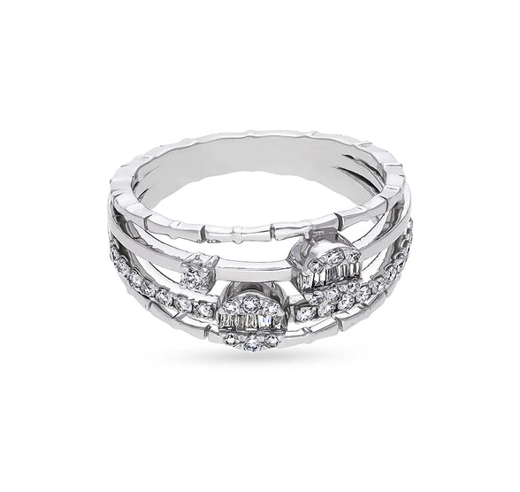 Multi Row Layered Baguette With Round Diamond White Gold Casual Ring