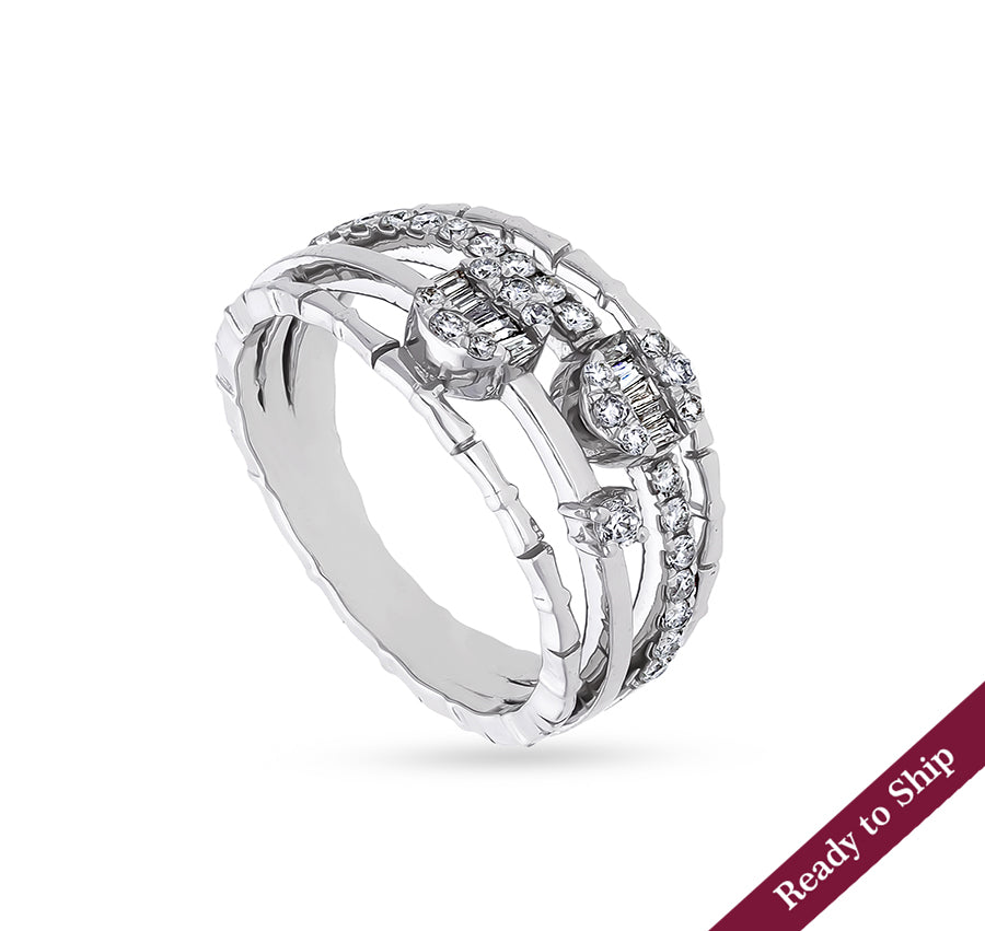 Multi Row Layered Baguette With Round Diamond White Gold Casual Ring