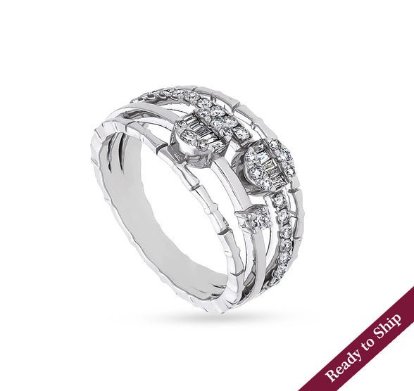 Multi Row Layered Baguette With Round Diamond White Gold Casual Ring