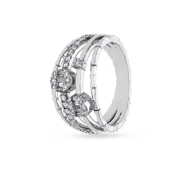 Multi Row Layered Baguette With Round Diamond White Gold Casual Ring