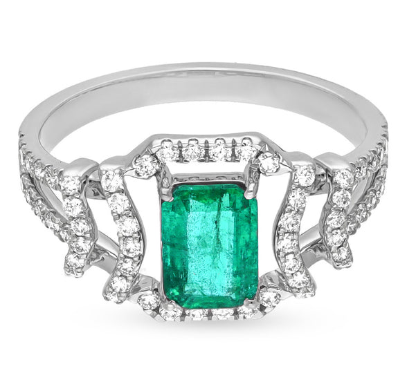 Classic White Gold Ring with Stunning Green Emerald and Diamonds