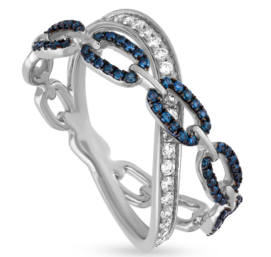 Sophisticated Chain-Style Ring with Blue and White Diamond Highlights