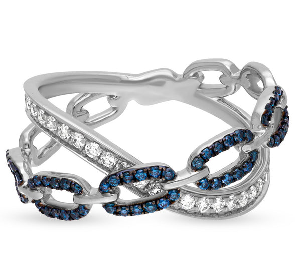 Sophisticated Chain-Style Ring with Blue and White Diamond Highlights