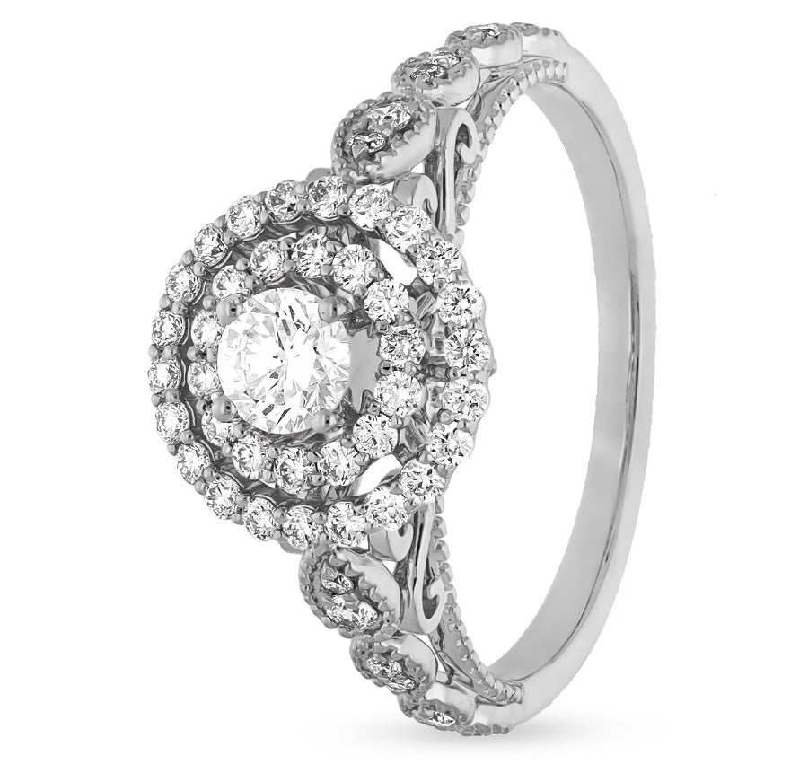 Vintage-Inspired Double Halo Diamond Engagement Ring in White Gold