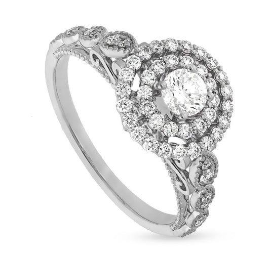 Vintage-Inspired Double Halo Diamond Engagement Ring in White Gold