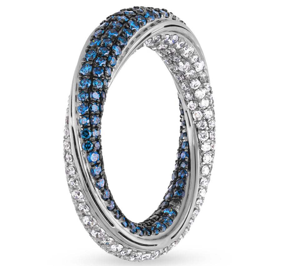 Unique Interlocking White Gold Band with Blue and White Diamonds