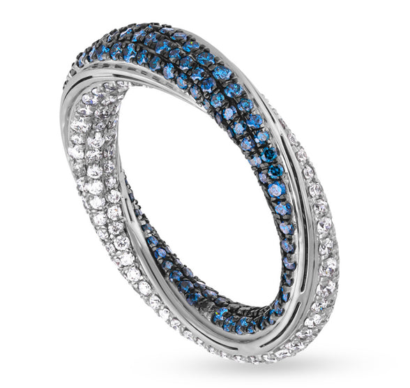 Unique Interlocking White Gold Band with Blue and White Diamonds