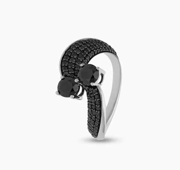 Two-Stone Black Diamond Wrap Ring with Pave Accents