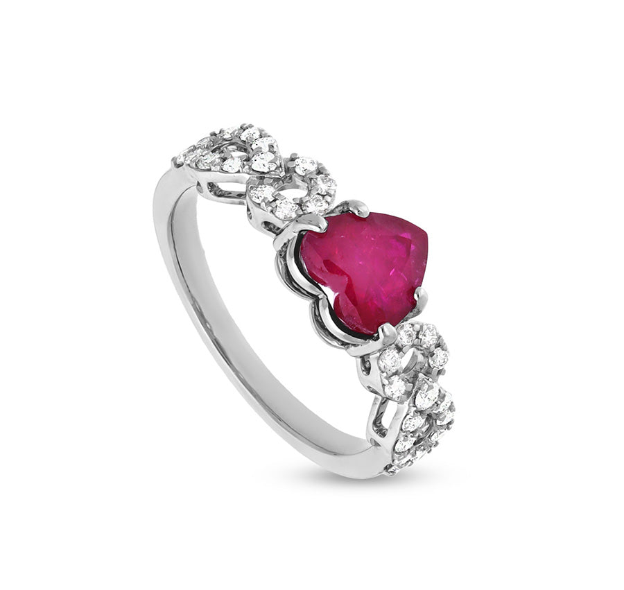 Elegant Ruby Heart and Round Natural Diamond White Gold Casual Ring