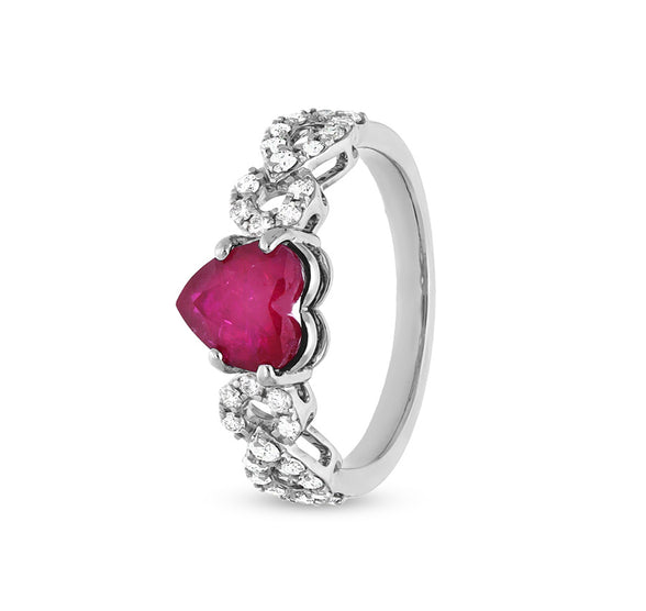 Elegant Ruby Heart and Round Natural Diamond White Gold Casual Ring