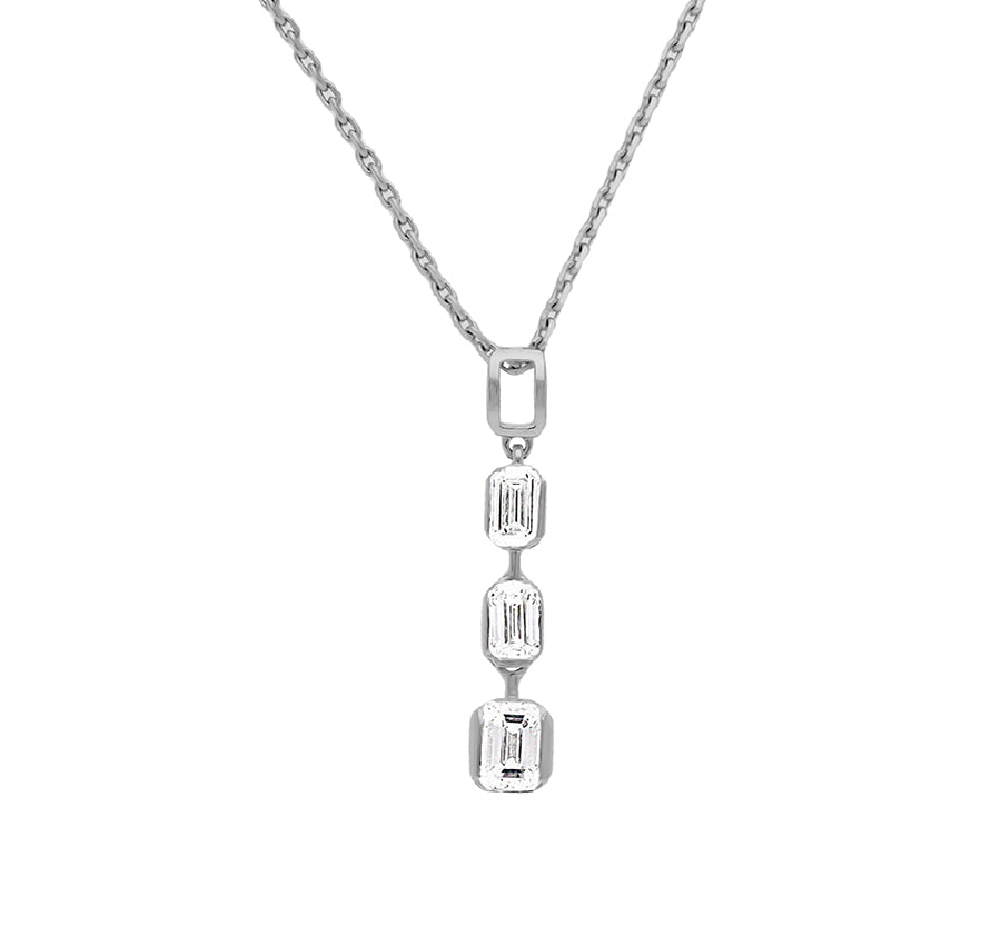 Drop Three Emerald Cut Diamond White Gold Necklace