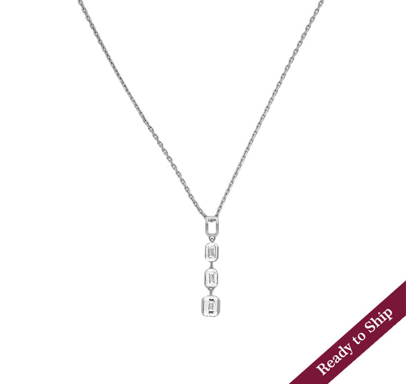 Drop Three Emerald Cut Diamond White Gold Necklace