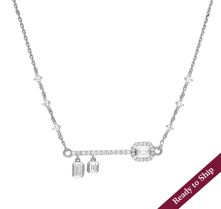 Key Shape & Drop Emerald Diamond White Gold Necklace