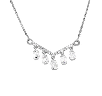 V Shape Drop Emerald Cut Diamond White Gold Necklace