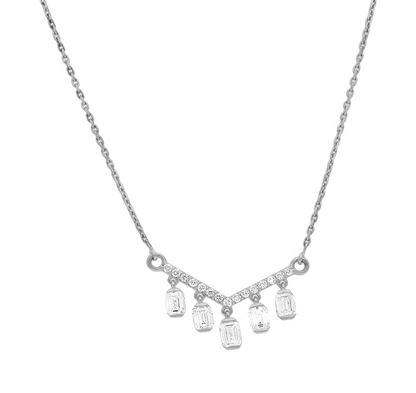 V Shape Drop Emerald Cut Diamond White Gold Necklace