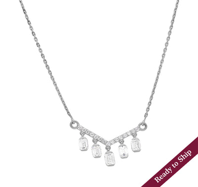 V Shape Pendant Drop Emerald Cut Diamond White Gold Necklace