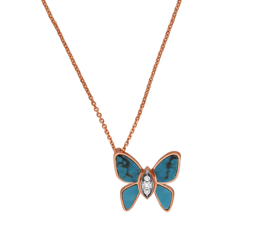Turquoise Sky Blue Butterfly Rose Gold Necklace