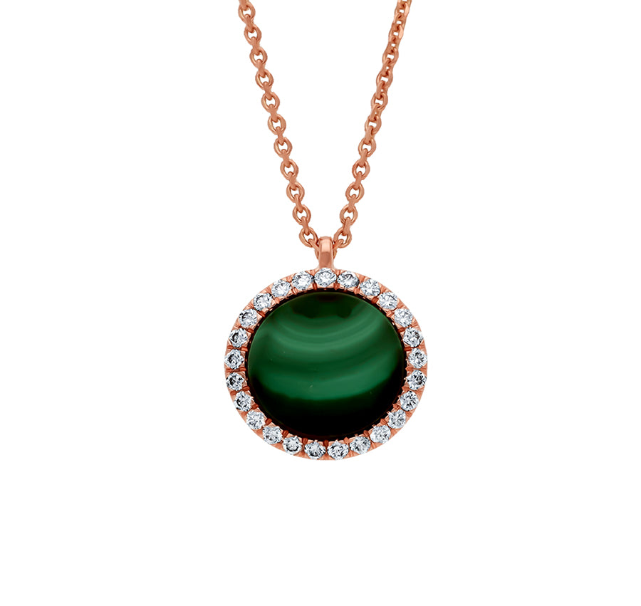 Round Pendant With Green Malachite Natural Diamond Rose Gold Necklace