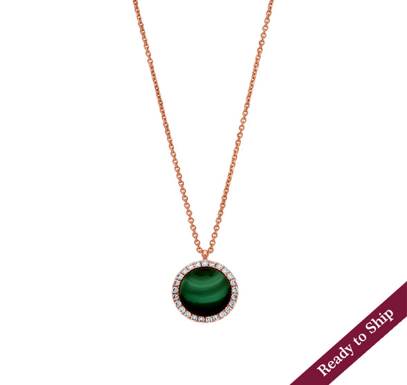 Round Pendant With Green Malachite Natural Diamond Rose Gold Necklace