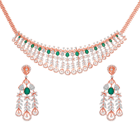 Pear Synthetic Green Stone and Round Natural With Baguette Cut Diamonds Rose Gold Weighty Necklace Set
