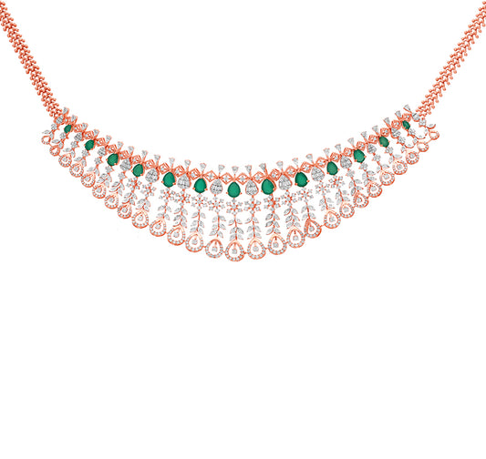 Pear Synthetic Green Stone and Round Natural With Baguette Cut Diamonds Rose Gold Weighty Necklace Set