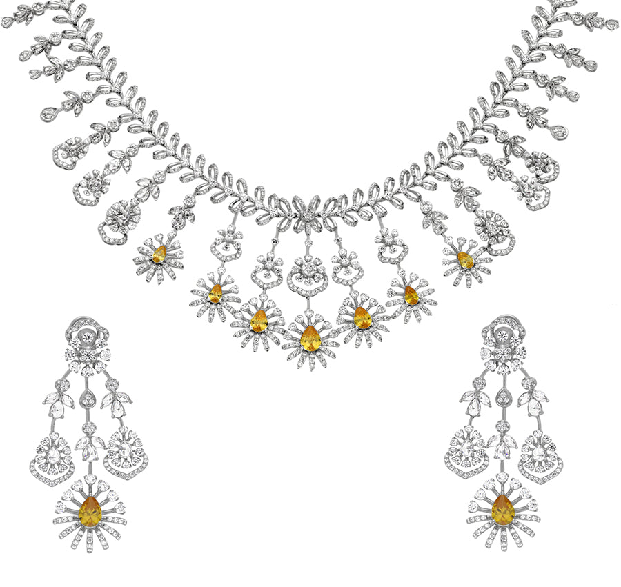 Pear Shape Yellow Sapphire And Round Natural Diamond White Gold Bulky Necklace Set