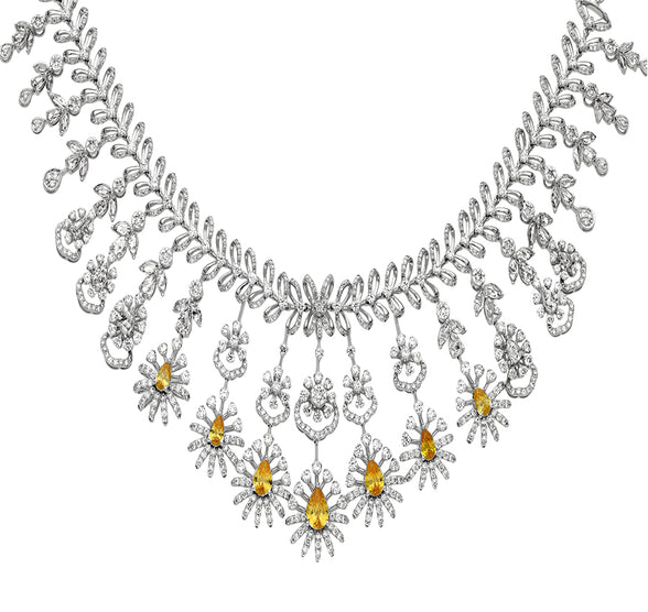 Pear Shape Yellow Sapphire And Round Natural Diamond White Gold Bulky Necklace Set