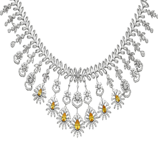 Pear Shape Yellow Sapphire And Round Natural Diamond White Gold Bulky Necklace Set