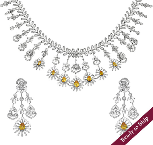 Pear Shape Yellow Sapphire And Round Natural Diamond White Gold Bulky Necklace Set