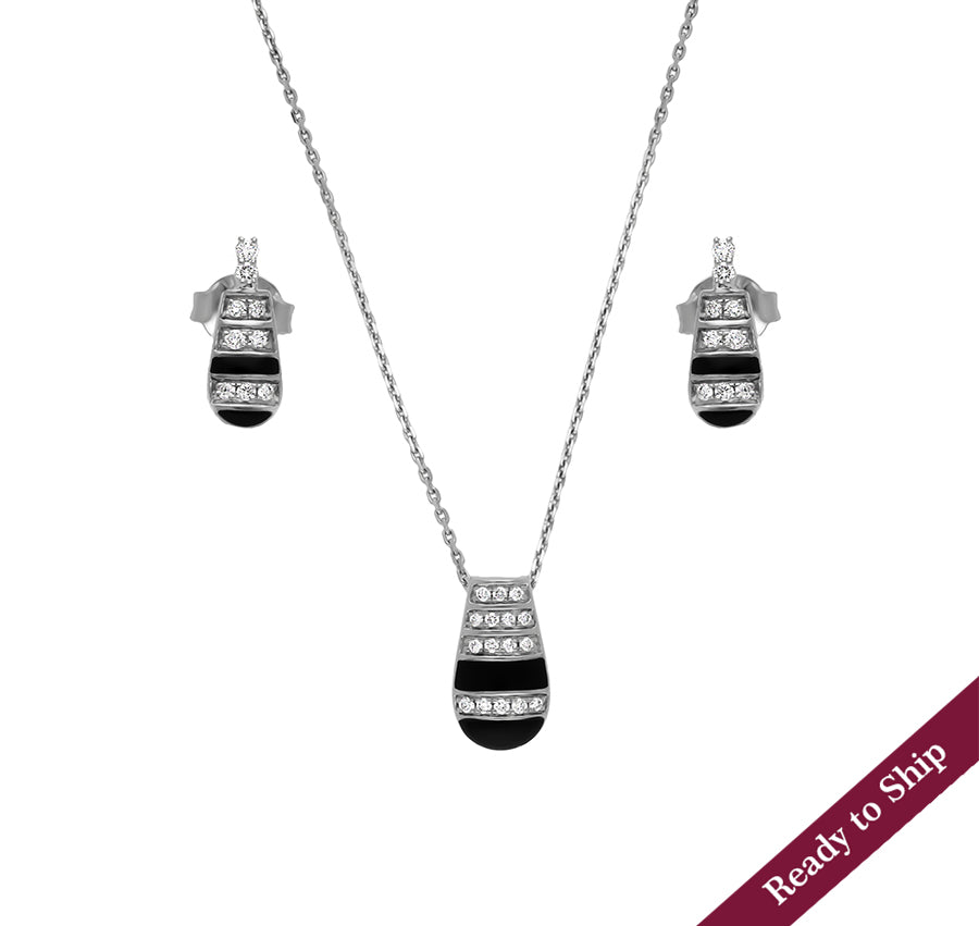 Round Diamond With Black Enamel White Gold Necklace Set