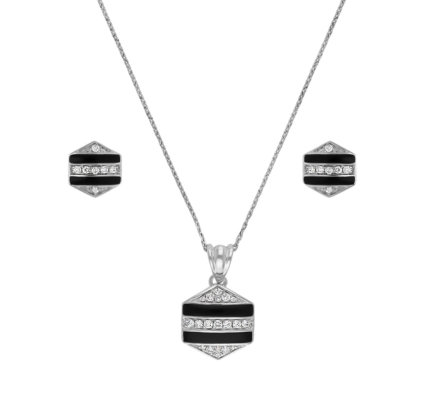 Hexagon Shape With Black Enamel & Round Diamond Necklace Set