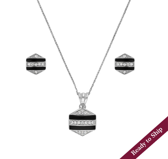 Hexagon Shape Pendant With Black Enamel & Round Diamond Necklace Set