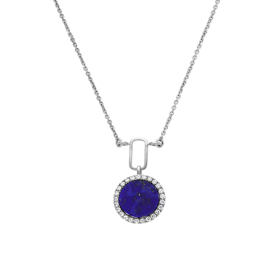 Round Shape With Dark Blue Lapis Natural Diamond White Gold Necklace