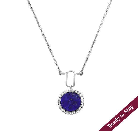 Round Shape Pendant With Dark Blue Lapis Natural Diamond White Gold Necklace