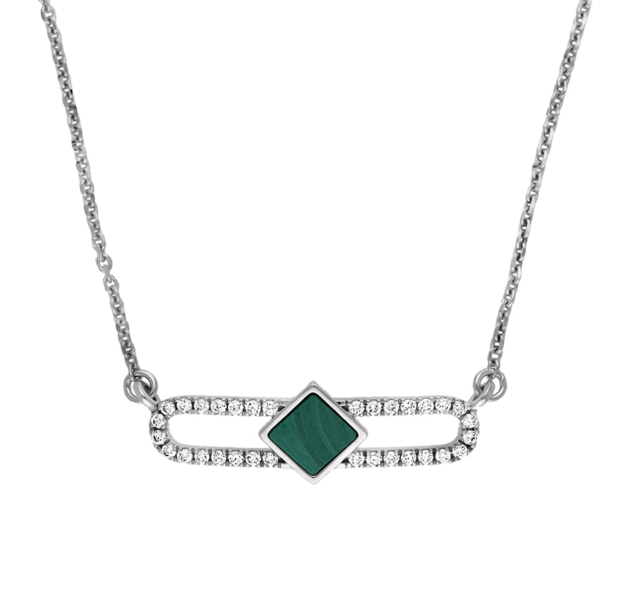 Rhombus Shape Round & Green Malachite Diamond White Gold Necklace