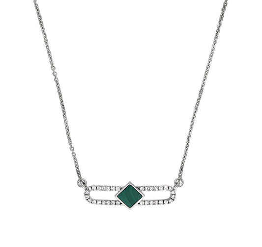 Rhombus Shape Round & Green Malachite Diamond White Gold Necklace