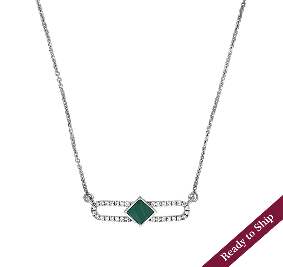 Rhombus Shape Round & Green Malachite Diamond White Gold Necklace