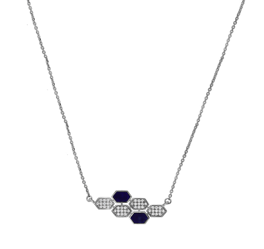 Hexagon Shape Dark Blue Lapis With Round Diamond White Gold Fancy Necklace